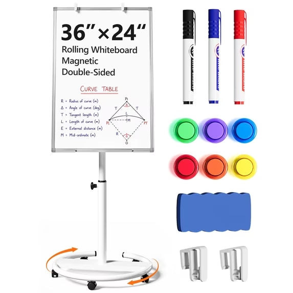 TACWILY 36x24 inch Rolling Whiteboard, Height Adjustable Magnetic Dry Erase Board with Circular Stand on Wheels