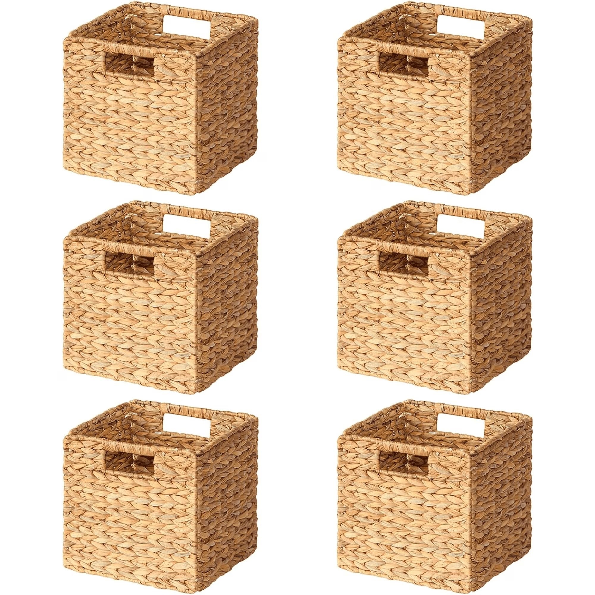 TACWILY 6 Pack Wicker Basket for Organizing, 10.5" Woven Water Hyacinth Storage Baskets with Handles, Large Cube Storage Bins for Shelves & Pantry, Natural