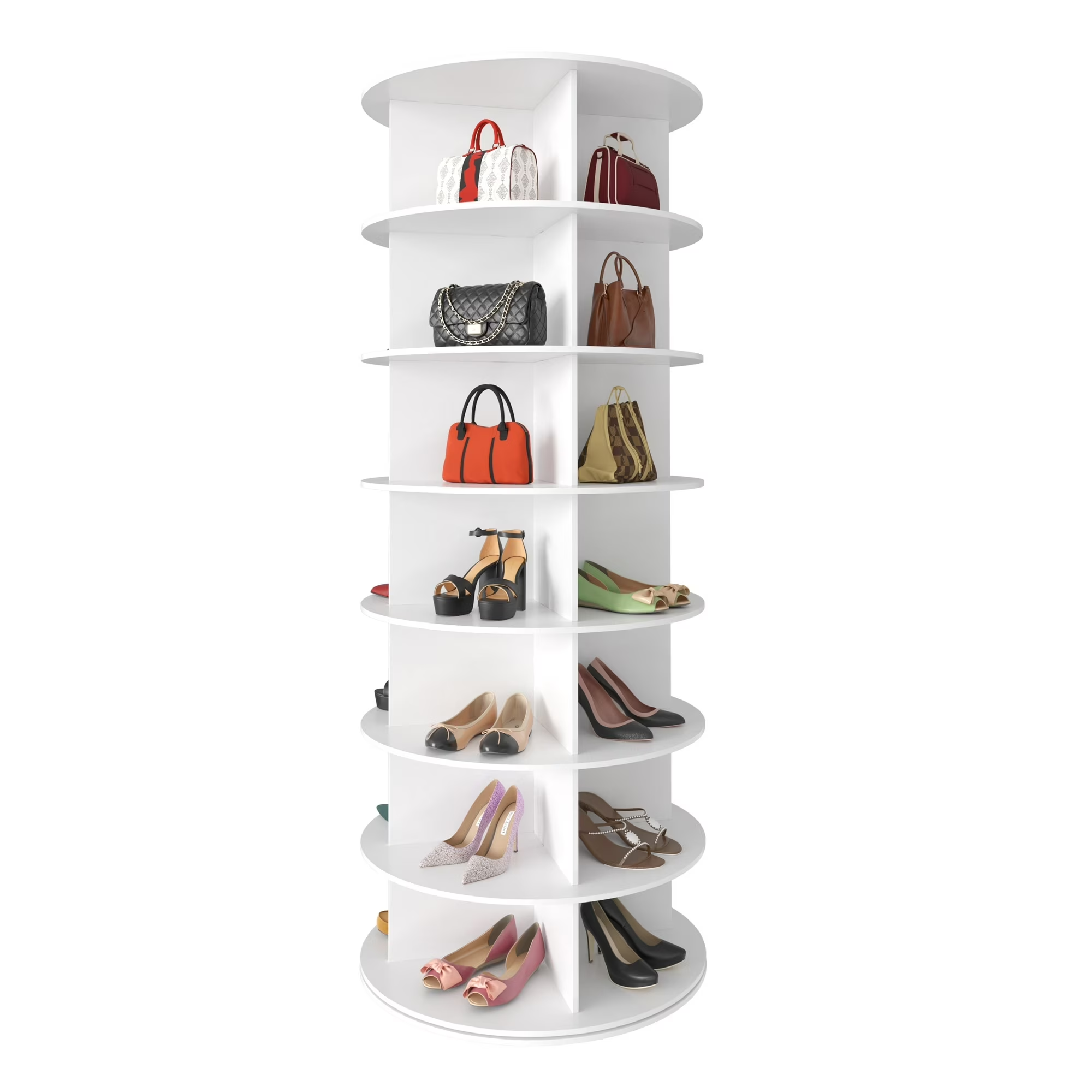 TACWILY 7-Tier Rotating Shoe Rack Tower, 360° Spinning Shoe Display Lazy Susan, Revolving Round Carousel for Closet Organization, Fits 28-35 Pairs, White, 63" High